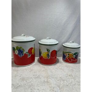 Blue Sky Canister Set of 3 Fruit Design Kitchen Storage Enamelware
